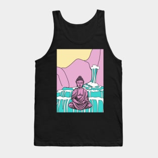 Blue and Pink Waterfall Buddha Graphic Tank Top